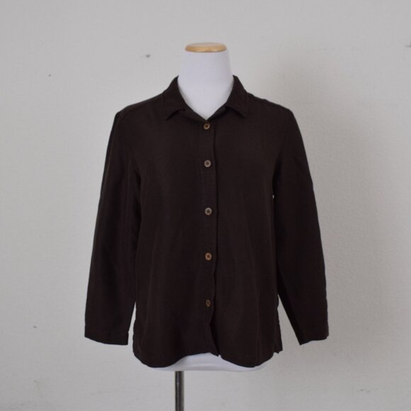 Vintage 90s‎ Chocolate Brown Rayon/Polyester Shirt size PM - Picture 3 of 10